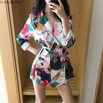 

AreMoMuWha 2019 Spring New Hong Kong Style Fashion Printing Belt Waist Waist Was Thin In The Long Section Suit Jacket WomenQX724