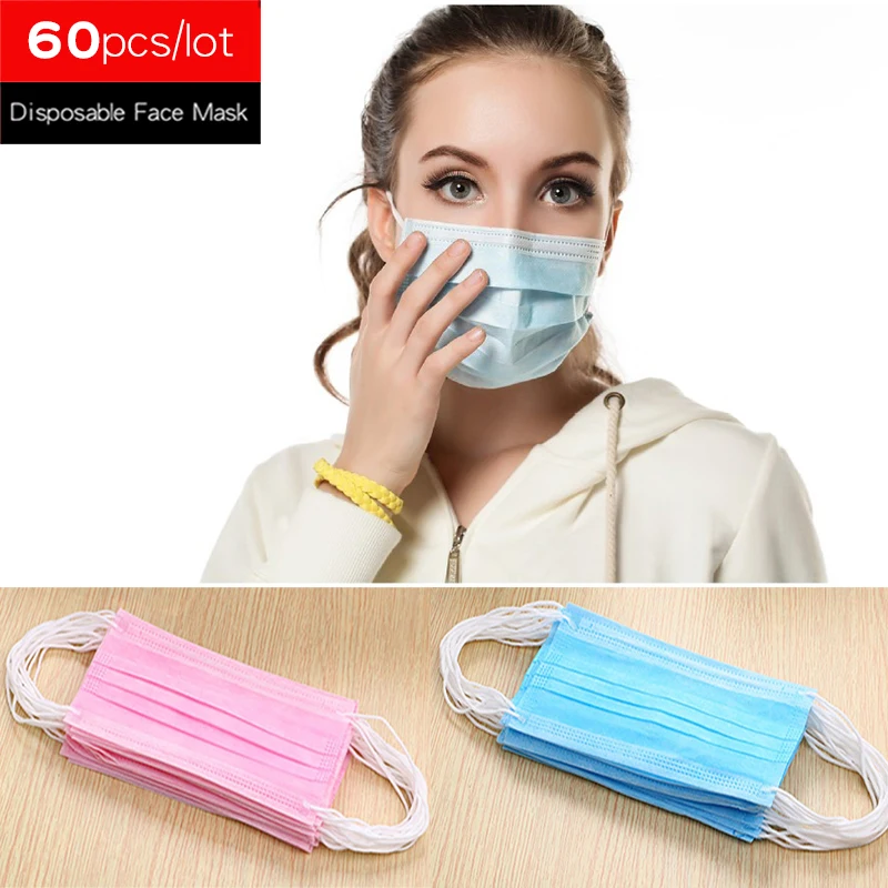 

60pcs/lot 3-Ply Anti Dust Disposable Face Mask Medical Dental Earloop Mouth Protection Masks Painting Running Working One Time