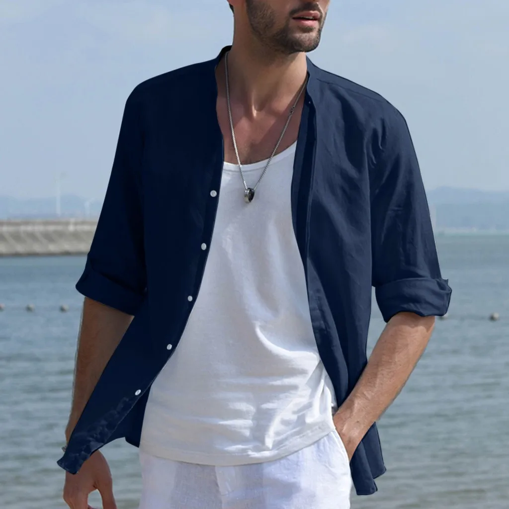 

2019 Mens Clothing Tops Shirts Men's Baggy Linen Blend Solid Color Three Quarter Sleeve Stand Collar Breathes Shirts