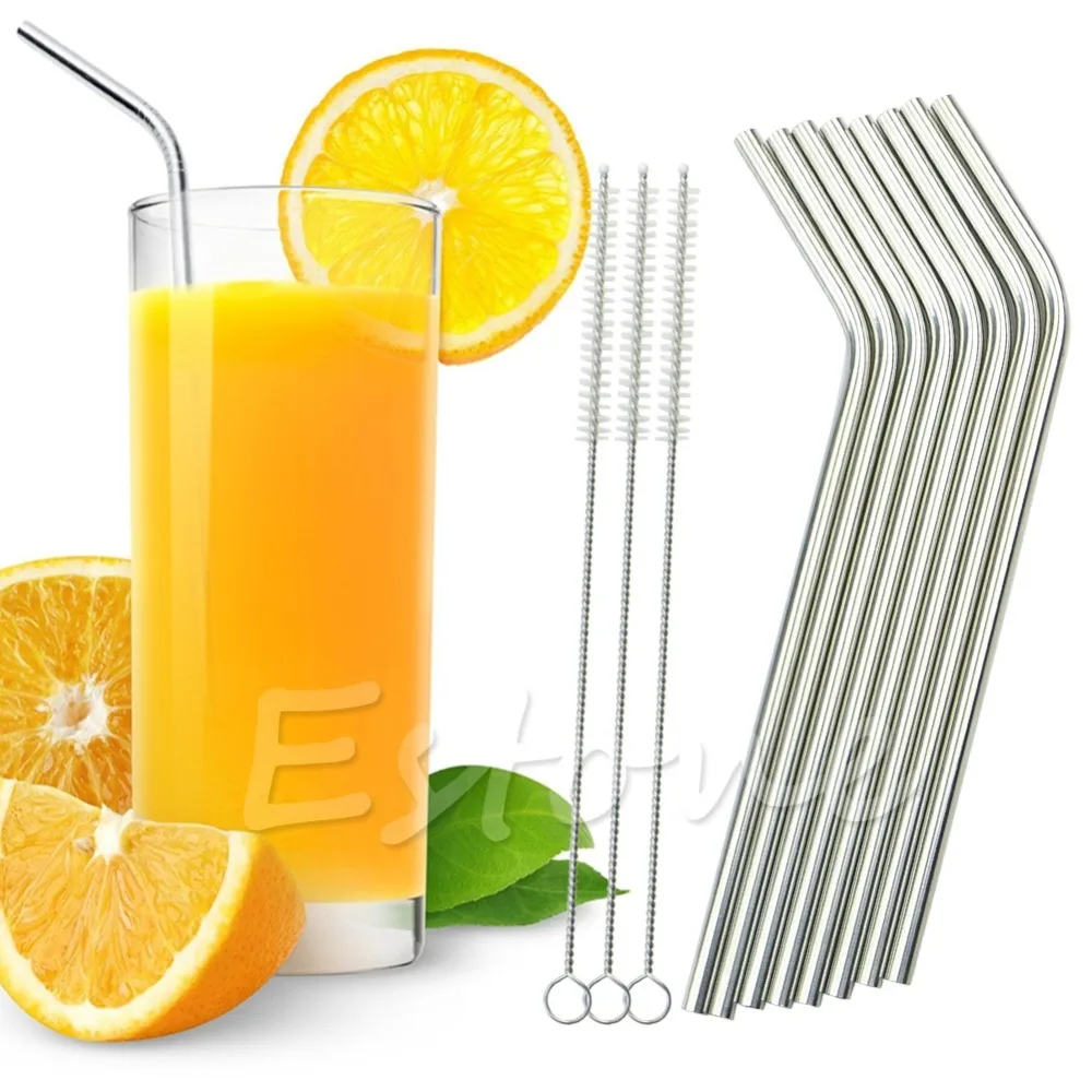 G104 8 Pcs Stainless Steel Metal Drinking Straw Reusable Straws + 3