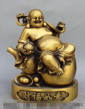 

S2303 15" Chinese Pure Bronze Wealth Ru Yi cucurbit Happy Laugh Maitreya Buddha Statue