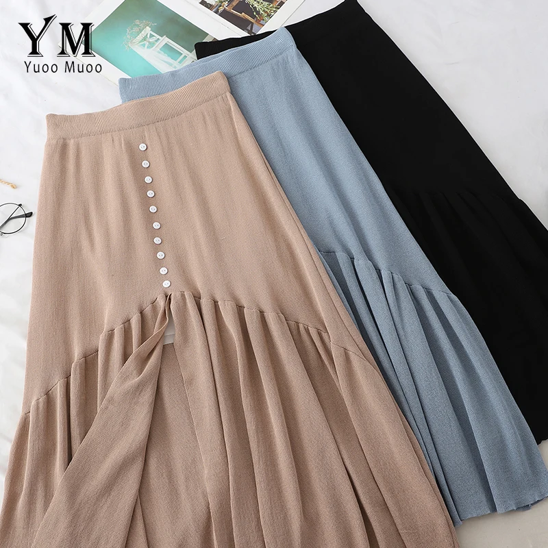 

YuooMuoo Buttons Design Split Women Skirt 2019 New Arrival Autumn Elegant High Waist Pleated Skirt Vintage Literary Midi Skirt