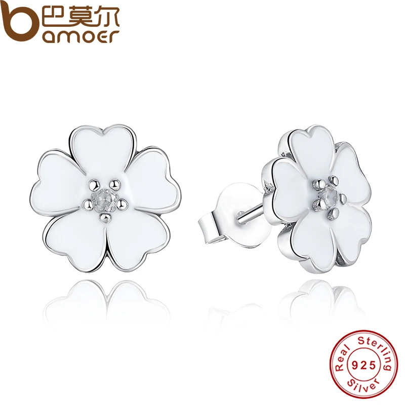925 Sterling Silver Primrose Flower Stud Earrings White Enamel Compatible with Jewelry with Cubic Zirconia PAS402