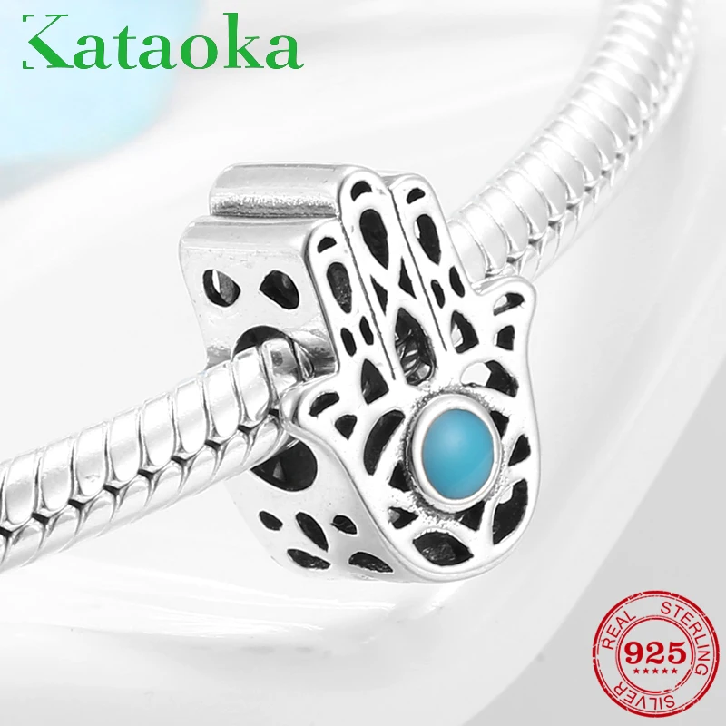 

100% 925 Sterling Silver Blue Enamel beautiful Fatima Hand Charm Bead Fit Original Pandora Women Bracelet Necklace Jewelry 2019