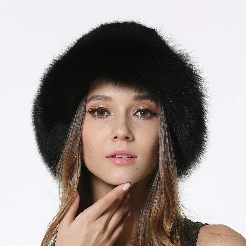 

IANLAN Graceful Women Mink Fur Bucket Hats Winter Real Knitted Fur Hats for Ladies with Fox Fur Brim IL00037