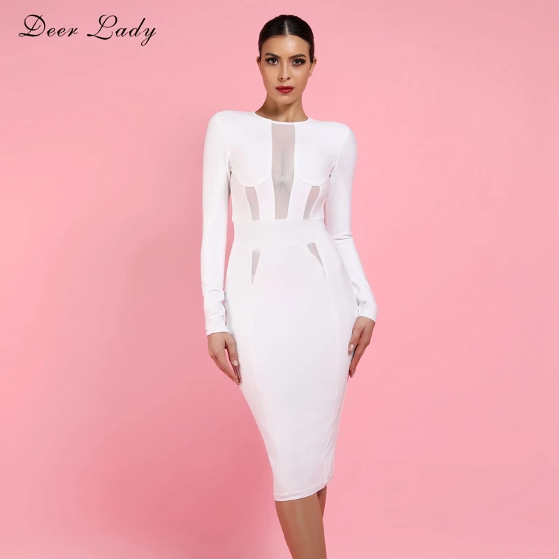 

Deer Lady 2019 Woman Bandage Dress Summer Elegant White Bandage Bodycon Dress Long Sleeve Sexy Mesh Bandage Dress Party Club