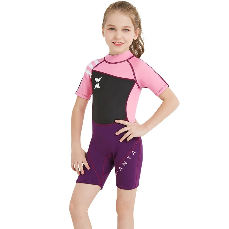 Цельный Детский Гидрокостюм с короткими рукавами для девочек 2,5 мм, гидрокостюм для плавания и серфинга, теплая одежда для плавания с защитой от ультрафиолетового излучения
