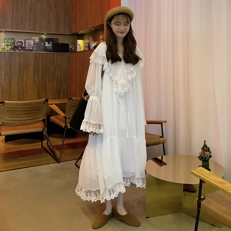 

sweet style Women's Clothing ruffles chiffon long dresses spring oversize dress temperament Korean vestidos femininos new