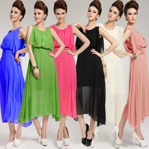 Free Shipping 2014 New Summer Ladies Fashion Style Slim Loose Solid Color Sleeveless Chiffon Bohemian Dress | Женская одежда