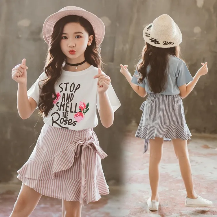 2019 Summer Children Clothing Set For Teenage Girls Fashion Letter Flower Tshirt Ruffles Skirt 2Pcs Kids Clothes Suit 10 12 Year (3)