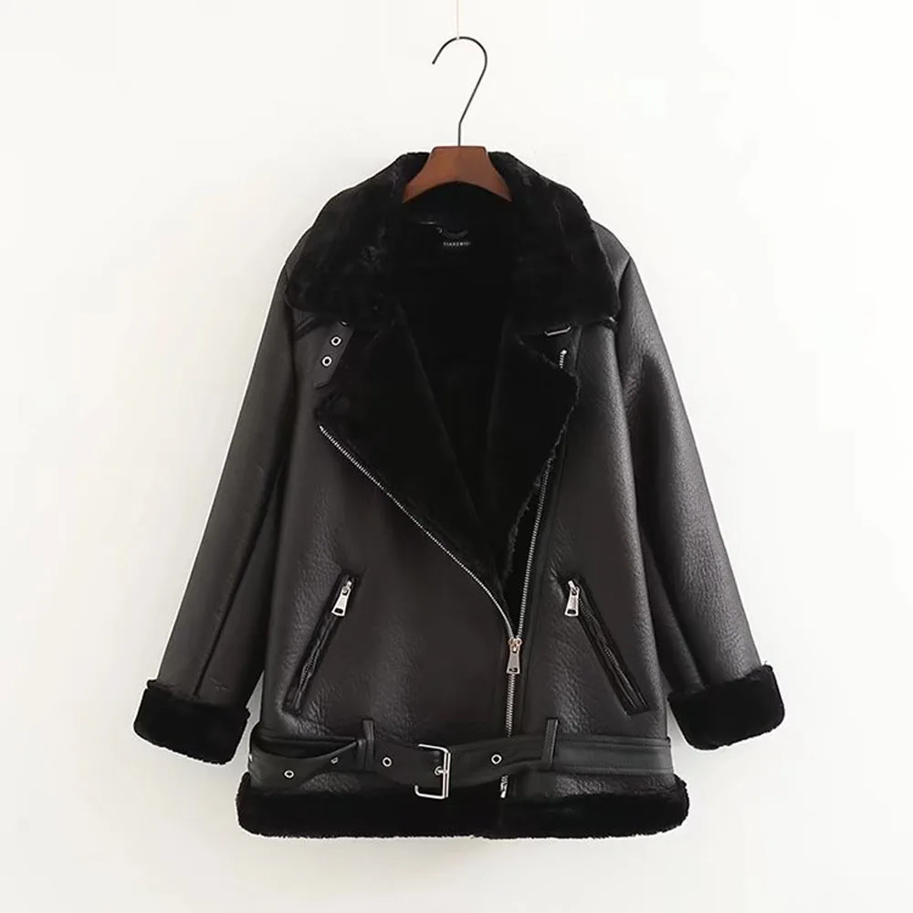 price cut Apperloth 2018 Winter Women PU Leather Jacket Full Sleeve Zippers Turn-Down Faux Rabbit Hair Motorc