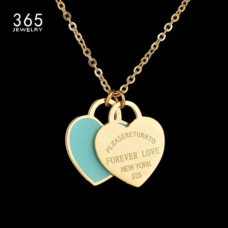 

High Quality Stainless Steel Double Heart Pendant Necklace Enamel Ladie Link Chain Women Necklace Birthday Gift