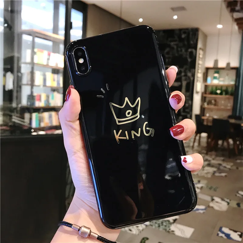 USLION чехол для телефона с мультяшной короной для iPhone 6, 6 s, 7, 8 Plus, мягкие чехлы из ТПУ для iPhone 11 Pro Max, XR, XS, Max, чехол с буквой King, Queen - Цвет: SJ7306 Black