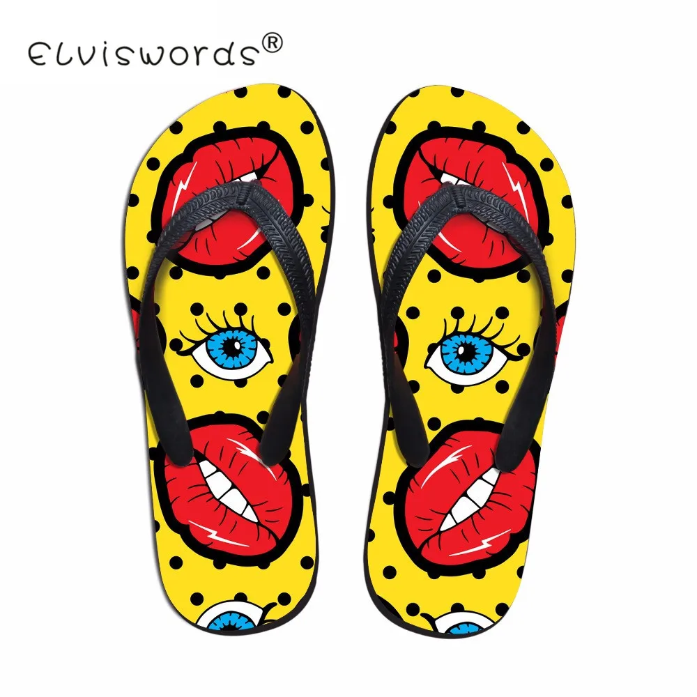 

ELVISWORD Funny Red Lips Fashion Flip Flops Woman Casual Women's Flats Flipflops Summer Beach Slippers for Teenage Girls Shoes