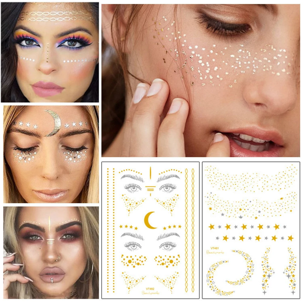 

Glitter mixed size gold silver star moon temporary tattoo bronzing sticker for face makeup covering freckles fake tattoo RA015