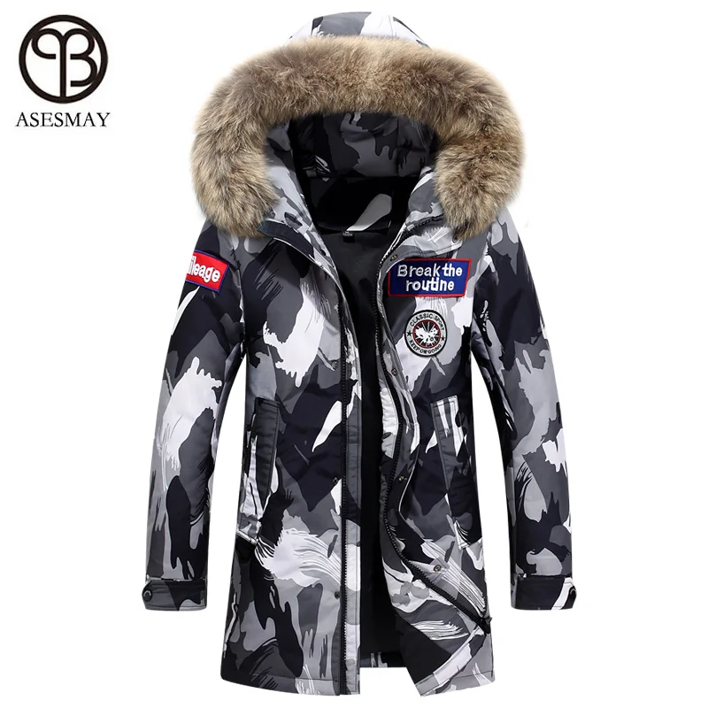 Asesmay роскошный мужской модный пуховик, мужское зимнее пальто wellensteyn, парка с гусиным пером, капюшон из натурального меха, мужские повседневные куртки - Цвет: Camouflage A