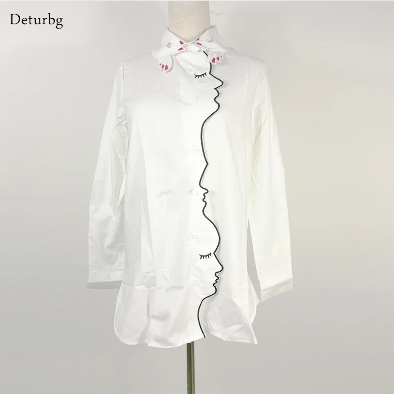 New Fashion 2015 Womens Novelty Face Placket Finger Collar Embroidery Long Sleeve Shirts Tops Casual Ladies Blouses blusas Br050 Blouses