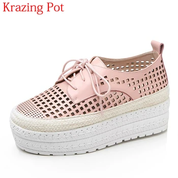 

2021 New Arrival Genuine Leather Hollow Platform Loafers Breathable Round Toe Lace Up Thick Bottom Women Vulcanized Shoes L99