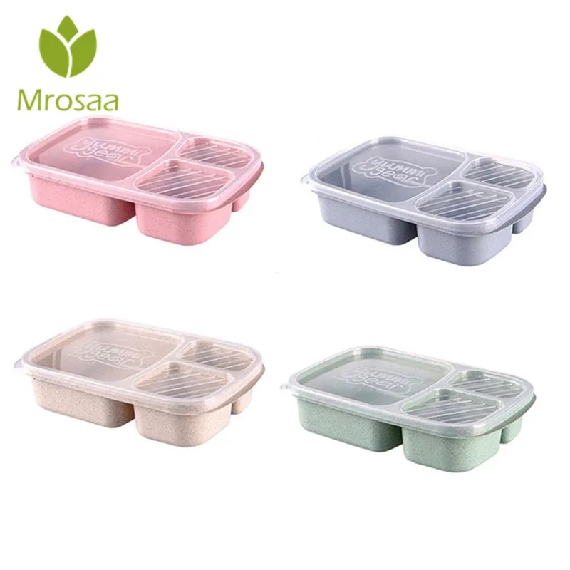 

1Pc Wheat Straw Lunchbox 3 Grids With Lid Fruit Food Box Storage Container Biodegradable Bento Lunch Boxes For Kids Dinnerware