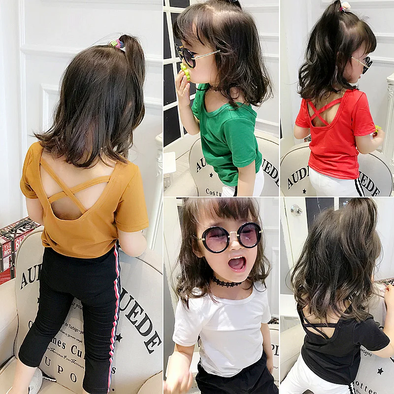 

2019 Summer New baby T-shirt girl pure color short sleeve T-neck back cross bottom shirt tide