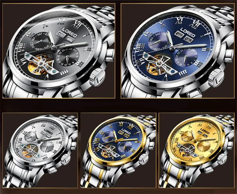 LOREO Brand Swim Men's Tourbillon Mechanical Watches Perpetual Calendar Waterproof Sport Watch Men Watch Clock saat reloj hombre