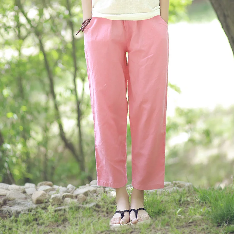 

7 Candy color Solid Elastic waist Women Harem Pants Capri Loose Casual Cotton Linen Summer Pants Harem Trousers Green White C116