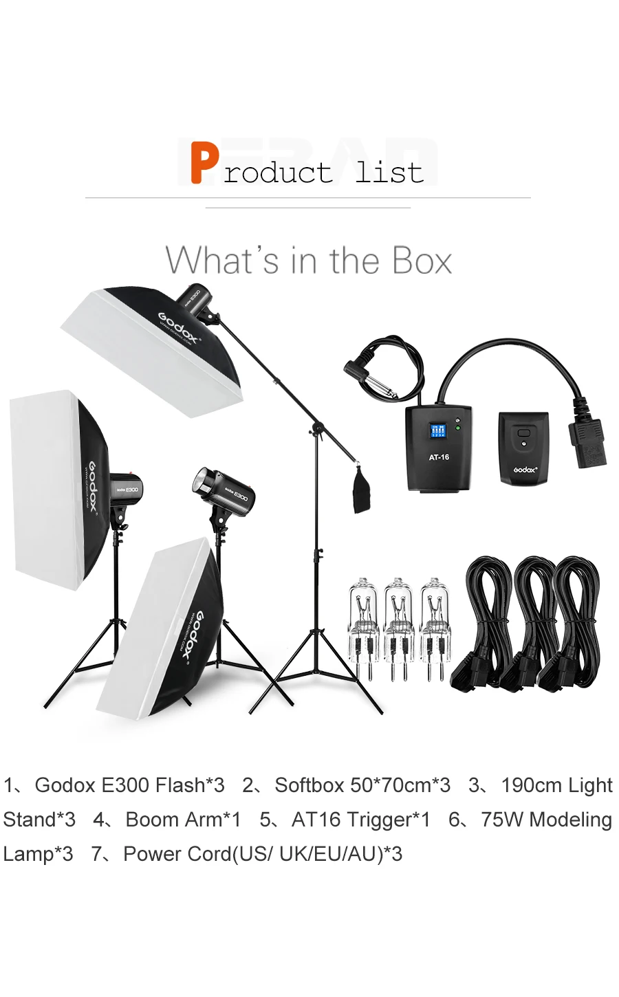 Godox 900W 3x E300 вспышка светильник комплект с Godox AT-16 триггера и 3x моделирующей лампой& 3x50x70 см тканевый рассеиватель и 2x светильник подставкой и кармашком складывающаяся штанга микрофона