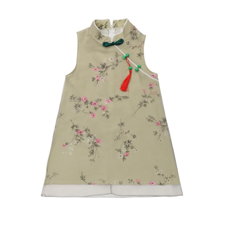 

Girls' Dresses 2019 Summer New Chinese Style Children's Vintage Cheongsam Big Boy's Net Princess Dress Fashion Print Dress