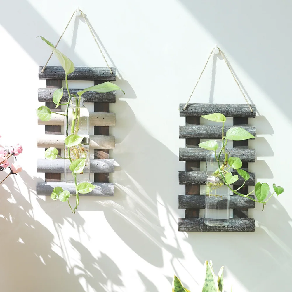 

Retro Wooden Board Wall Hanging Vase Plant Hydroponic Container Wall-mounted Glass Vase Balcony Pendant Garden Decoration
