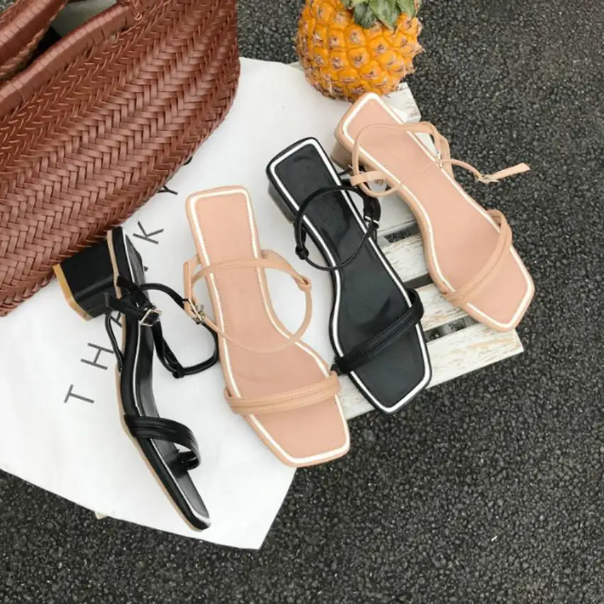 

2019 Women Summer Sandals Square Open Toe Casual Office Narrow Brand Sandals Ankle Strap High Heel Word Band Sadanls