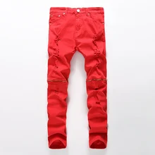 2016 Mens Destroyed Jeans With Zipper Skinny Ripped Zipper Biker Denim Slim Pants Black Red White