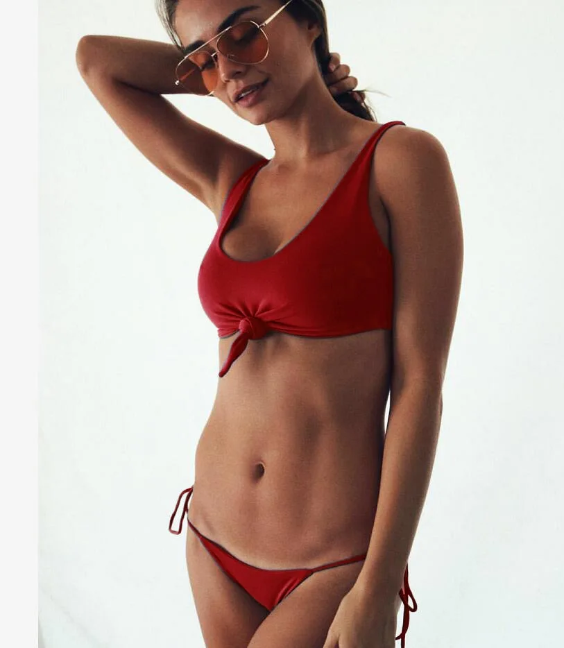 

2019 Sexy Push-up Bikini Set Swimwear Ruched Tie Knot Front Sexy Swimming Clothing Beachwear Beach Thong Triangle Body suits