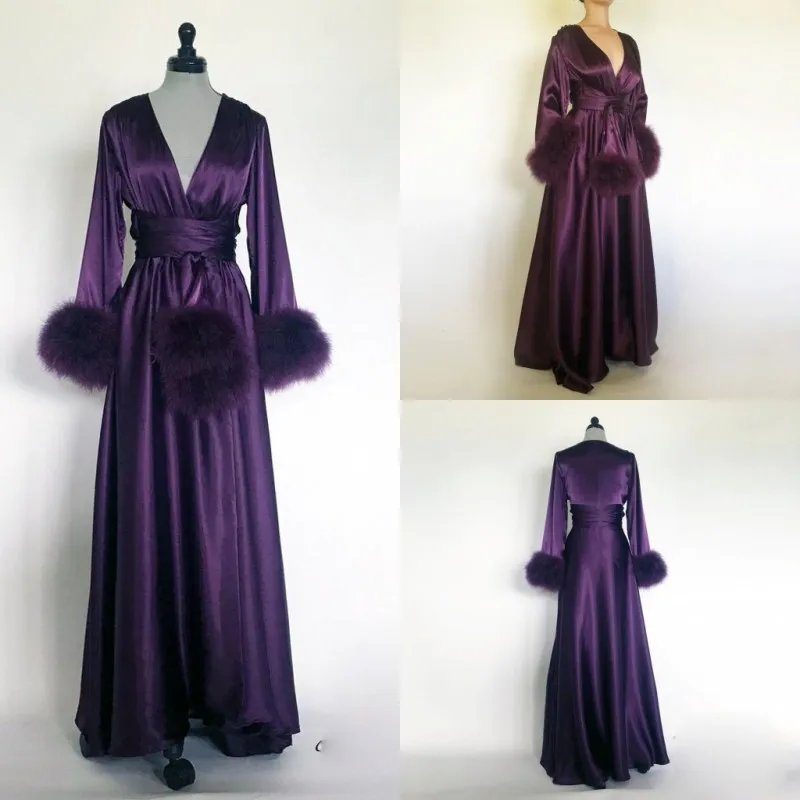 

2019 Charming Purple Night Robe Long Sleeves Custom Made Fur Party Sleepwear Cheap Nightgowns Robes