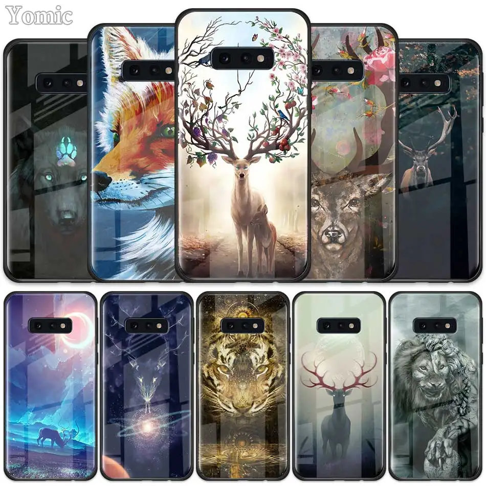 

Animal deer lion Art Tempered Glass Case for Samsung Galaxy S10 S10e S9 S8 S10 Plus Note 9 A50 A30 Phone Cover Shell