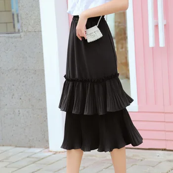 

2020 Summer New Arrival Preppy Style White Chiffon Skirt High Waist Double Lotus Leaf Layer Skirt Woman Long Skirt Free Shipping