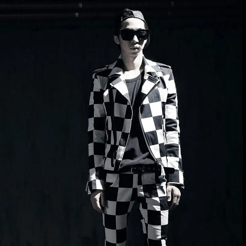 

Men personality fashion cotton black white plaid jackets and coats mens punk hip hop jacket night club singer stage costume