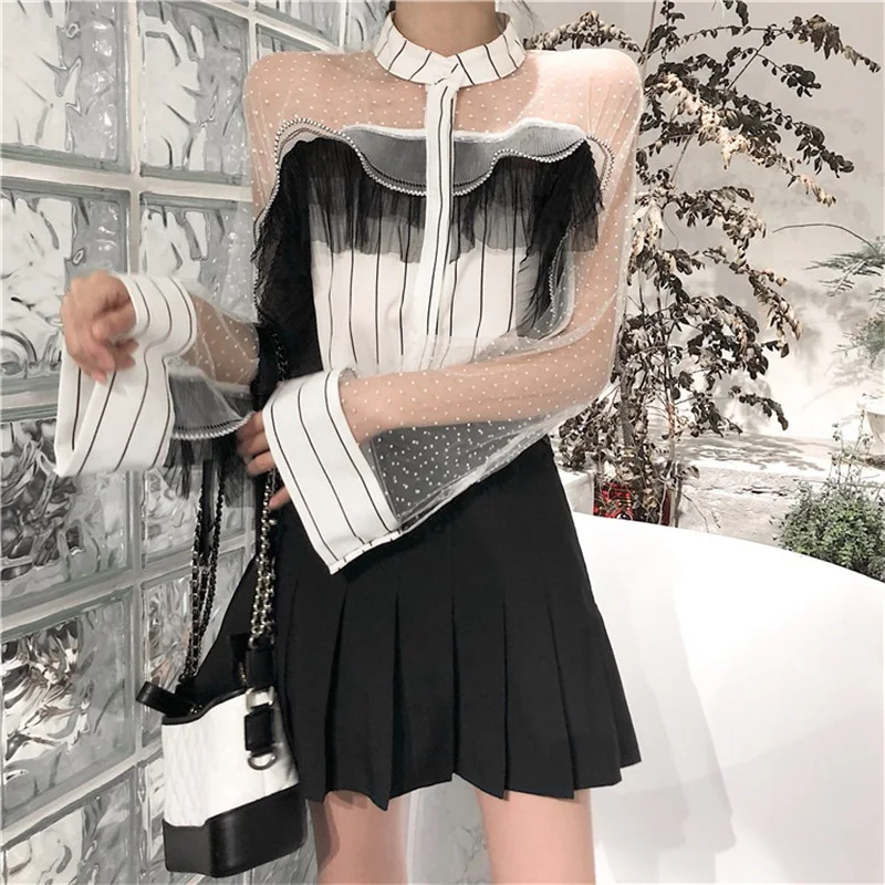 

Summer And Autumn Fashion Lace Chic New Word Shoulder Small Pure Fresh Sweet Shirts Patchwork Flare Sleeve Office Lady Blouse