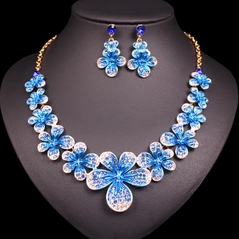 

Charming Flowers Blue Crystal Boho Necklace Earring Sets Jewelry sets Bridal Wedding Party Costume Accessories Gifts for Women