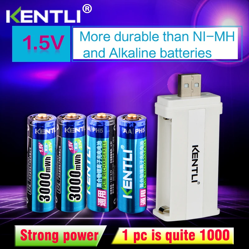 

KENTLI 4pcs low self discharge 1.5v 3000mWh AA rechargeable Li-polymer li-ion polymer lithium battery +1 USB smart Charger