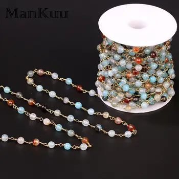 

Mankuu Handmade 6mm Natural Faceted Agates Beads Rosary Chains For Jewelry Making Gold Plating Wire Wrap Round Bead Chain 5M/Lot