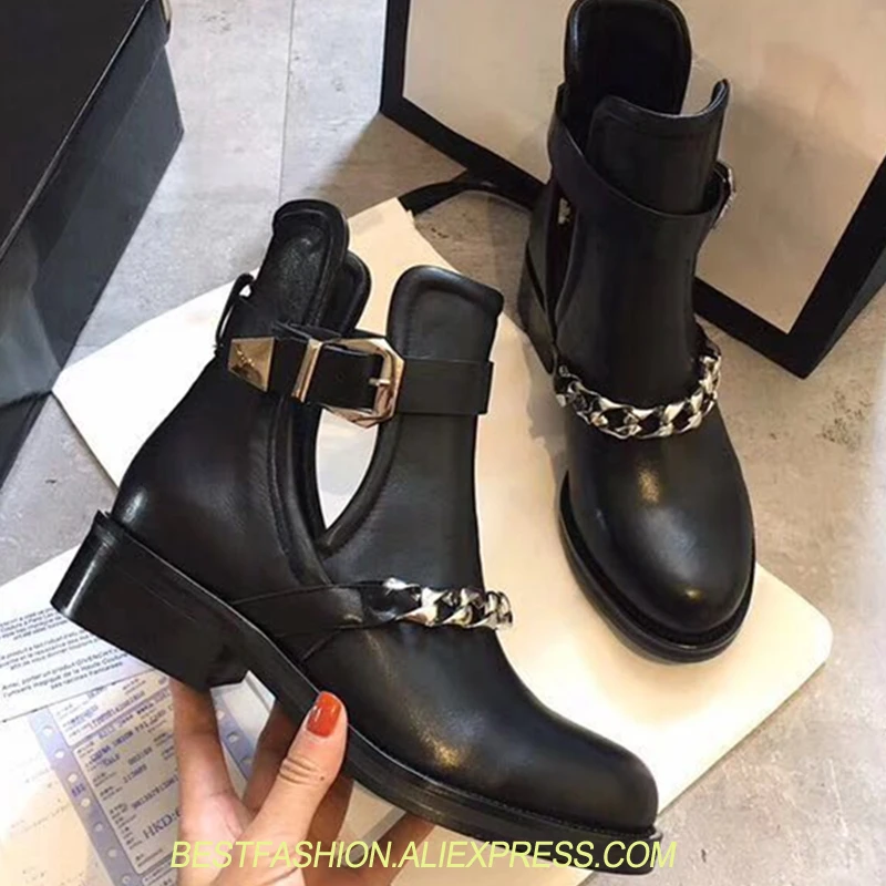 

Mental Chain Brand Martin Boots Woman Fashion Cut Out Black Real Leather Short Boots Ankle Boots Woman Tennis zapatos mujer