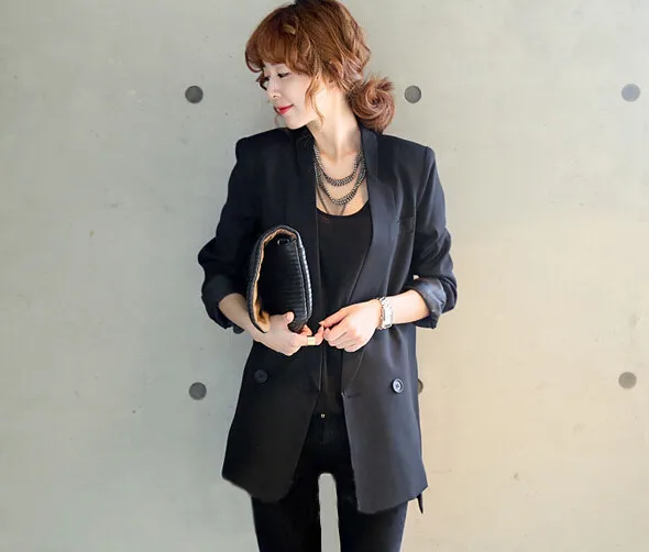 Для женщин формальных осень модная модель Офис пальто бренда черный с длинным рукавом двубортный приталенный Блейзер