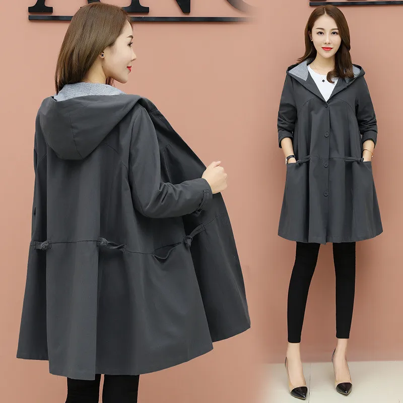 Женский Тренч с капюшоном, корейский стиль, весна-осень размера плюс, длинное женское пальто, свободная верхняя одежда, Женская ветровка, 3XL, AA667 - Цвет: Dark gray