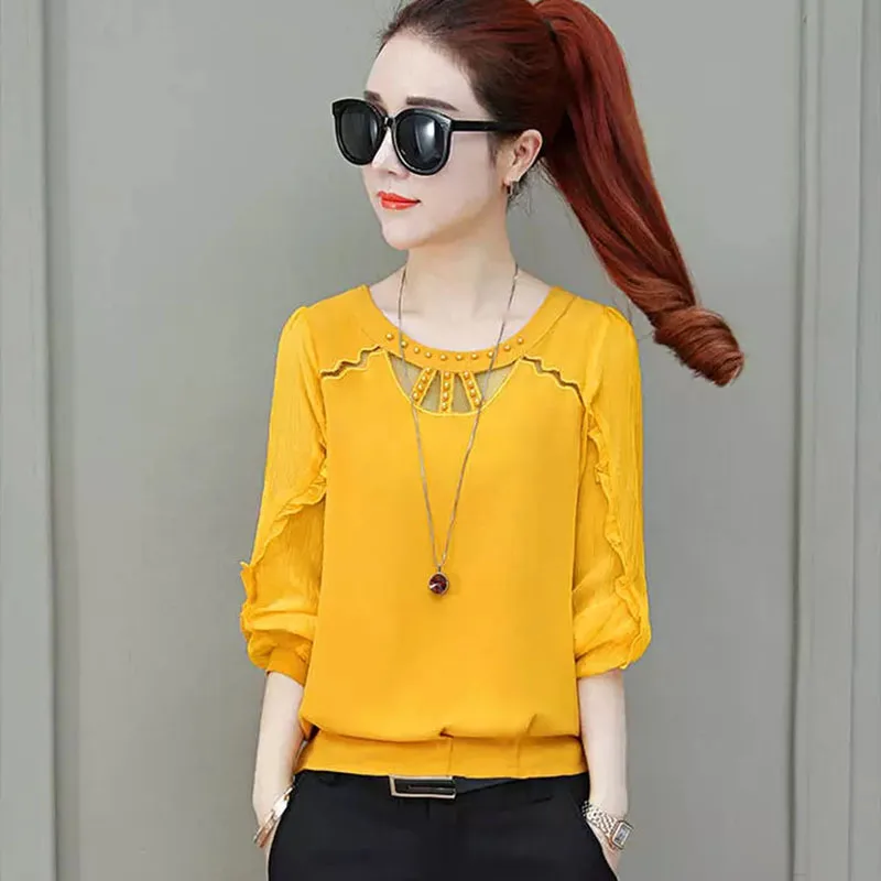 

Women Spring Autumn Style Casual Chiffon Blouses Shirts Lady Long Sleeve Hollow-out O-Neck Blusas Tops DF2682