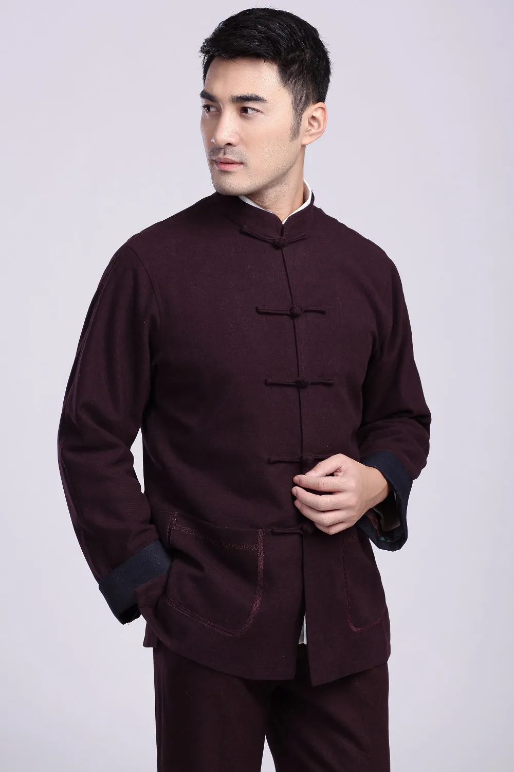 Китайский однотонный костюм куртки chinoisery воротник мандарина Slim Fit кунг-фу куртки новая мода туника костюм 2 цвета