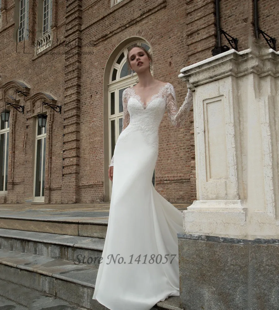 Russian Style Sexy Berta Bridal Dresses V Neck Long Sleeve Wedding