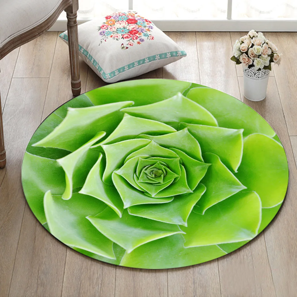

Round Living Room Floor Cushion Bedroom Area Rugs Bathroom Non-Slip Carpets Home Door Mat Echeveria Succulent Exotic Green Plant
