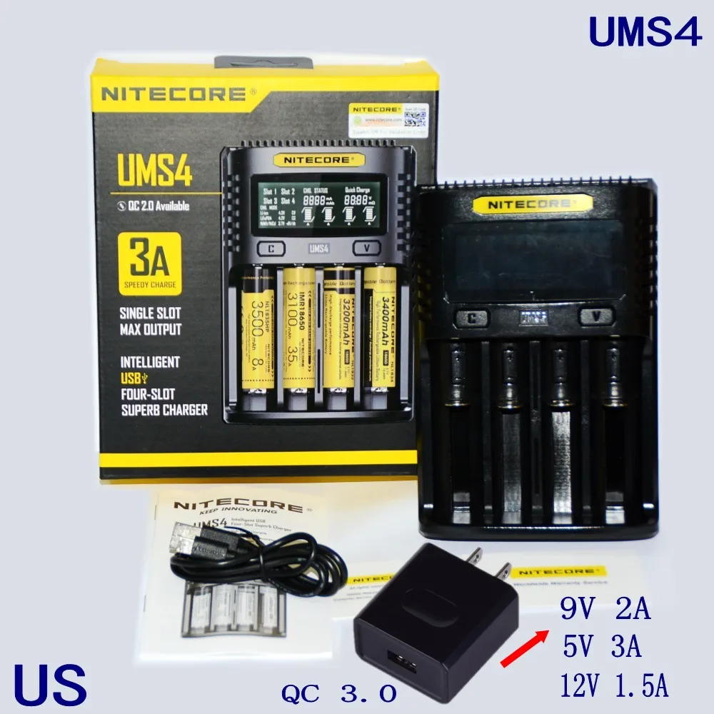 NITECOR UMS4 C4 VC4 lcd Смарт зарядное устройство для литий-ионных/IMR/INR/ICR/LiFePO4 18650 14500 26650 AA 3,7 1,2 V 1,5 V батареи D4 - Цвет: UMS4 add QC3 US