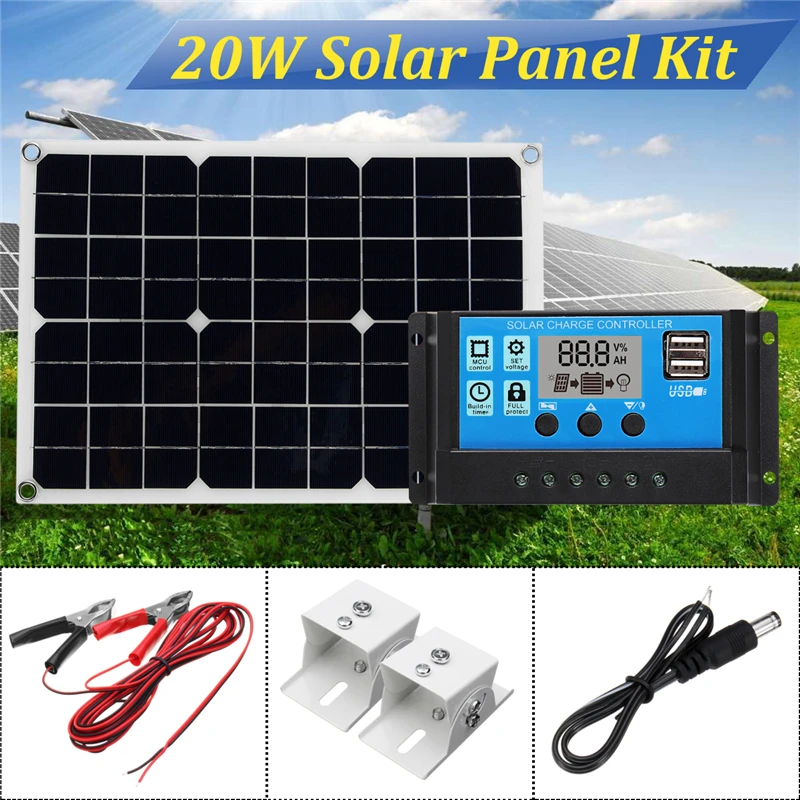 

5in1 20W 12V/5V DC Solar Panel Kit Mounting Bracket&PWM 10A USB LED Display Controller&Connection Cable