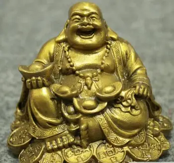 

Chinese Brass Buddhism Wealth Coin YuanBao Happy Laughing Maitreya Buddha Statue